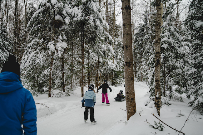 famille qui patine dans la forêt