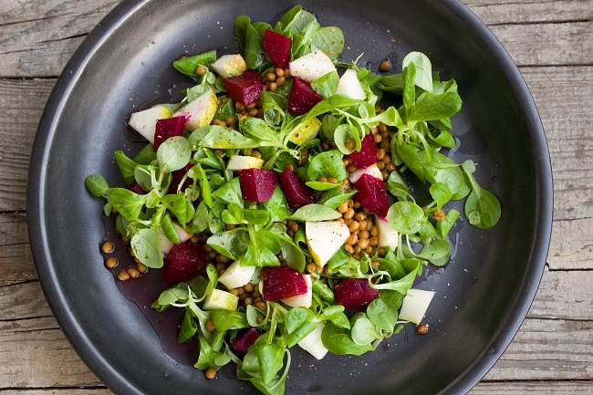 salade de betteraves, poires et lentilles